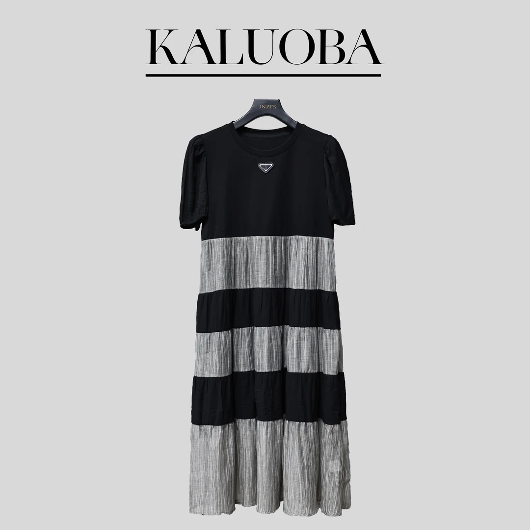 【原创大码设计师款】2023洋气百搭显瘦遮肉短袖拼接时尚连衣裙3504