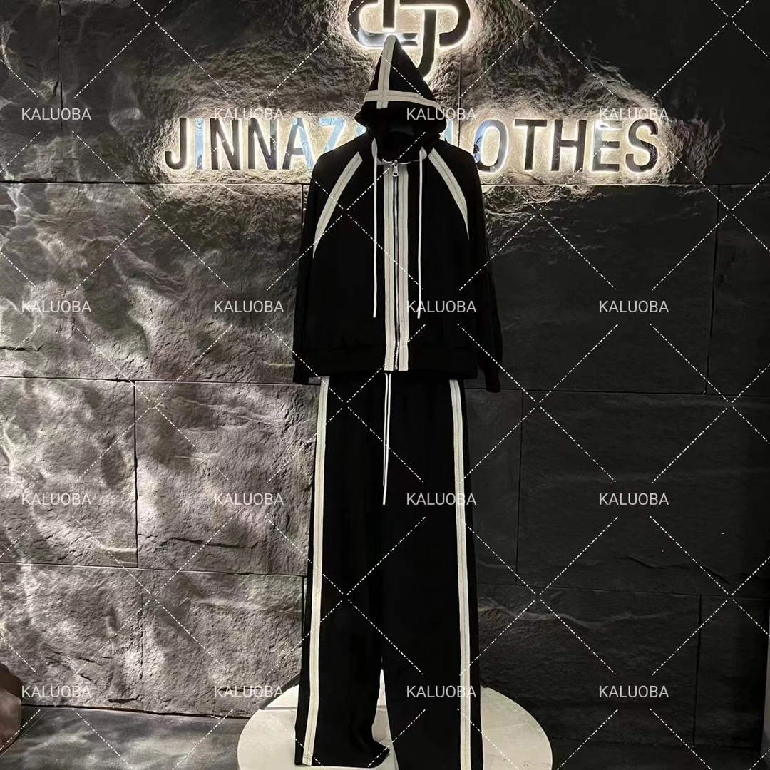 【原创大码设计师款】织带拼接连帽卫衣外套拉链开衫+长裤3875#yy