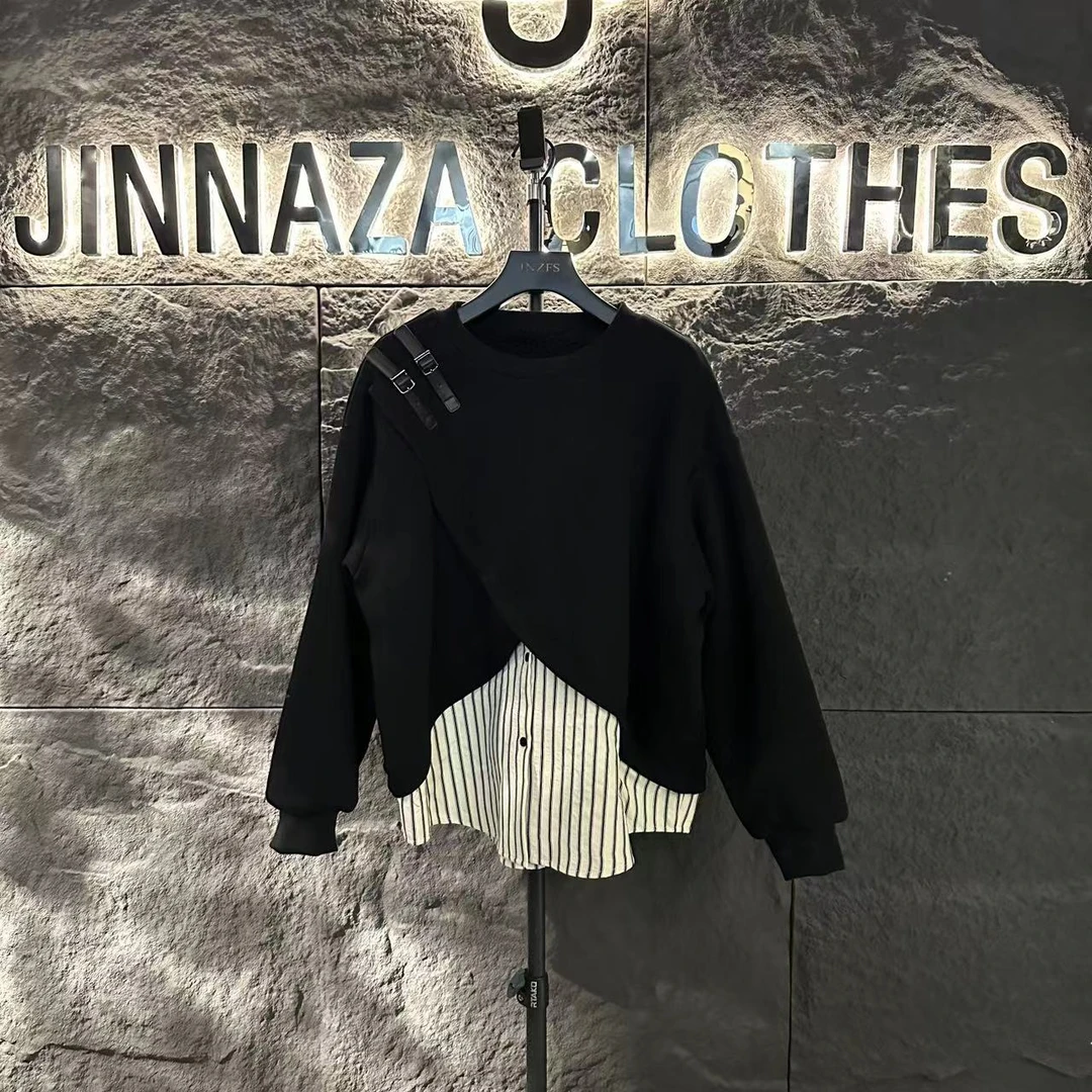 【原创大码设计师款】美式正肩假两件拼接卫衣女宽松不规则上衣4371