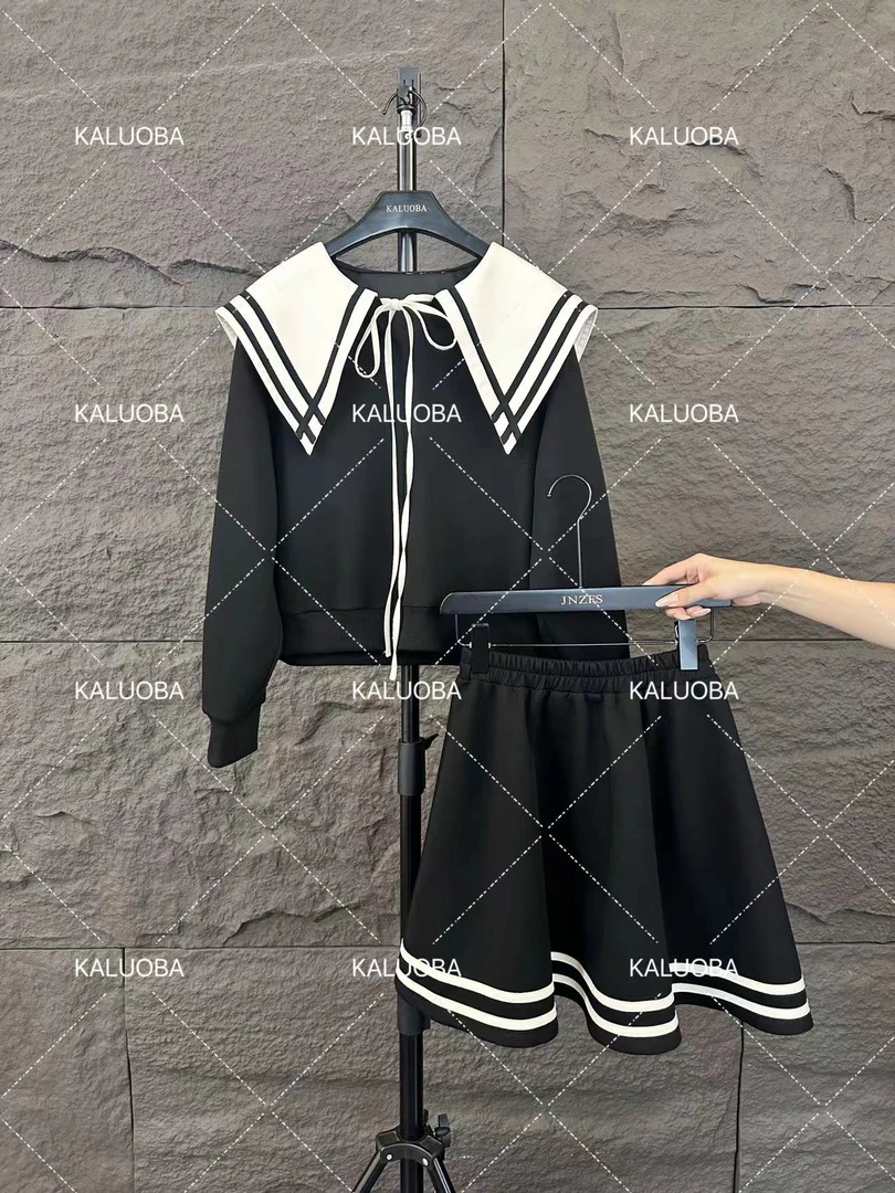 【原创大码设计师款】早秋长袖黑白拼接海军领设计上衣+半裙5850