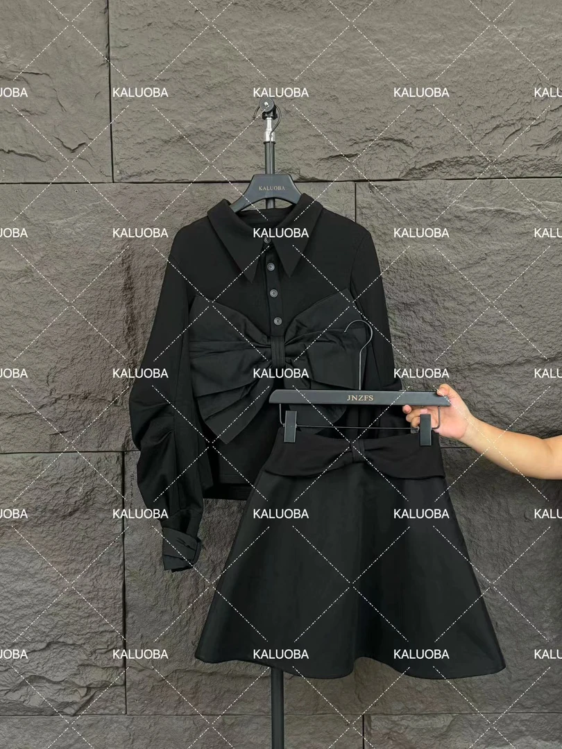 【原创大码设计师款】2024褶皱设计蝴蝶结装饰上衣+松紧半身裙5769