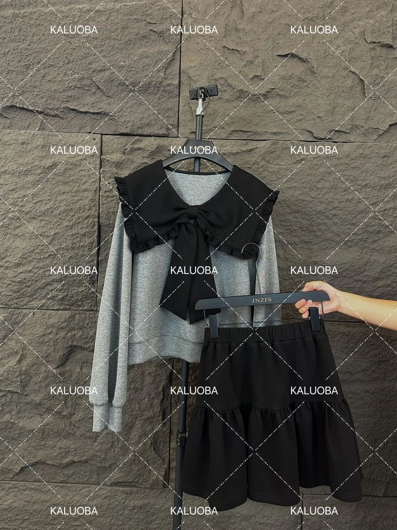 【原创大码设计师款】2024早秋海军领蝴蝶结撞色上衣+裙子套装5720