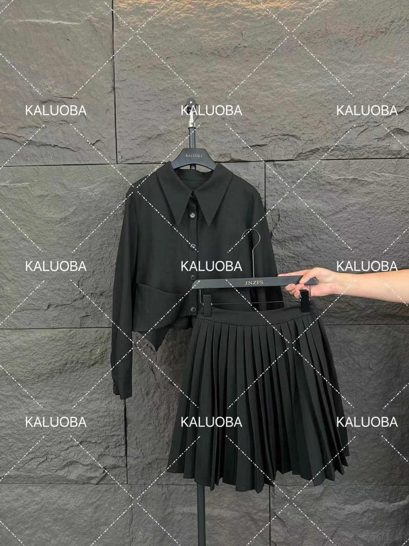 【原创大码设计师款】早秋新款Polo领气质长袖上衣+百褶半身裙5805