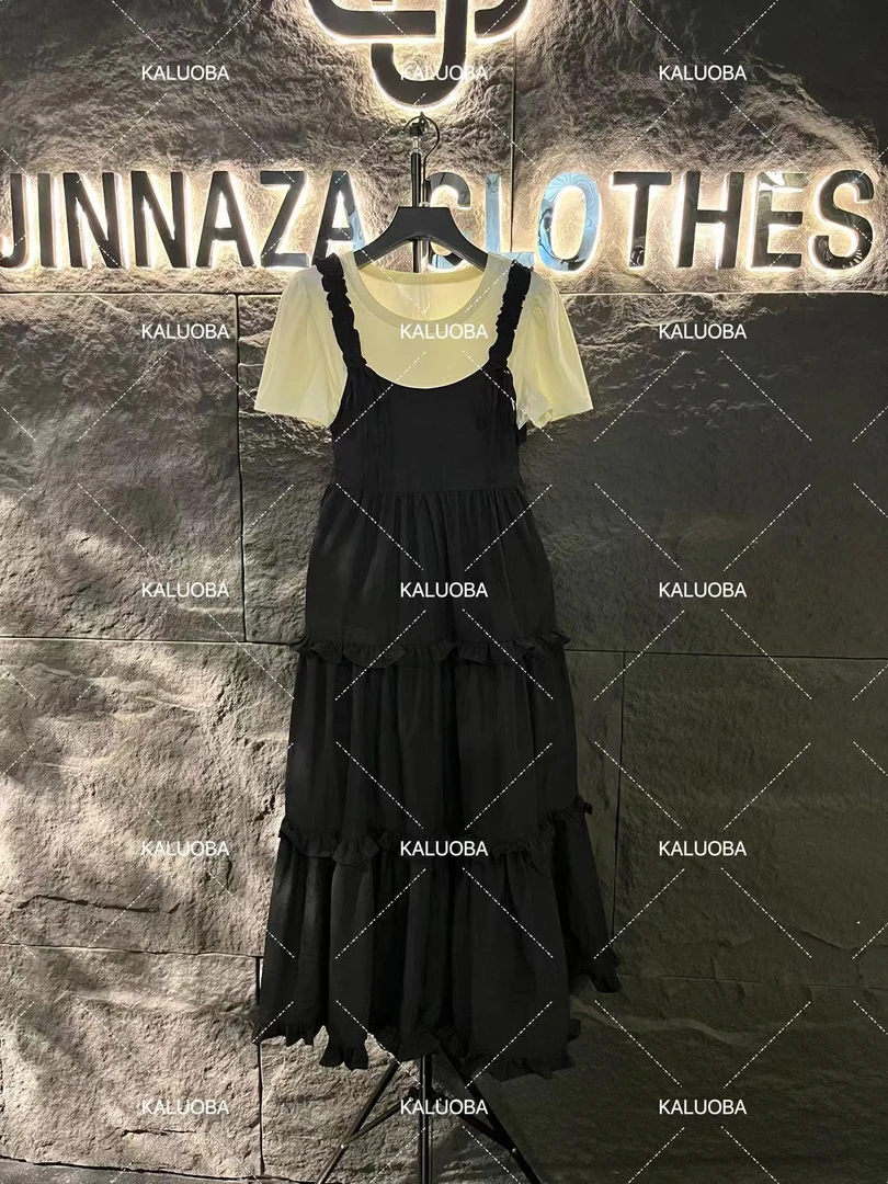 【原创大码设计师款】2024新款圆领假两件拼接木耳边显瘦连衣裙5114