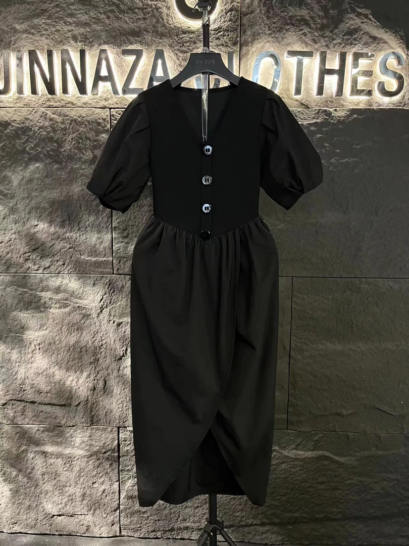 【原创大码设计师款】夏季新款拼接设计感v领下摆不规则连衣裙4604