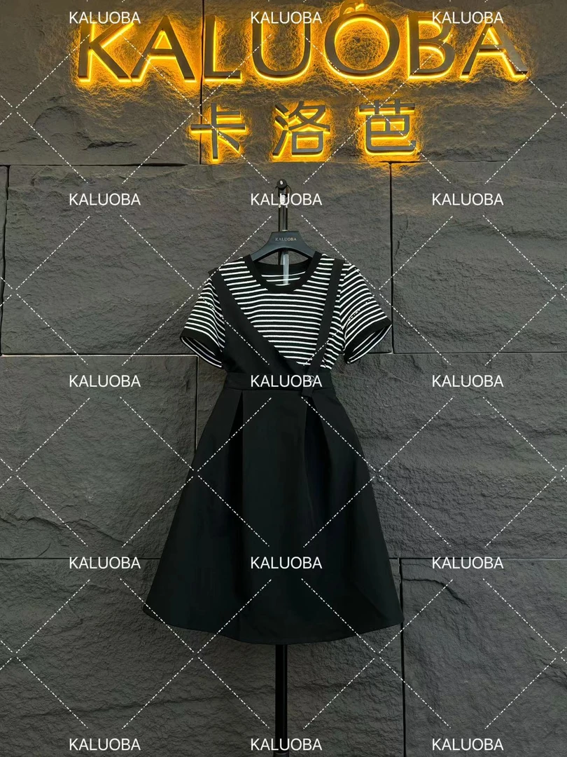 【原创大码设计师款】2024减龄假两件条纹背带收腰连衣裙5529