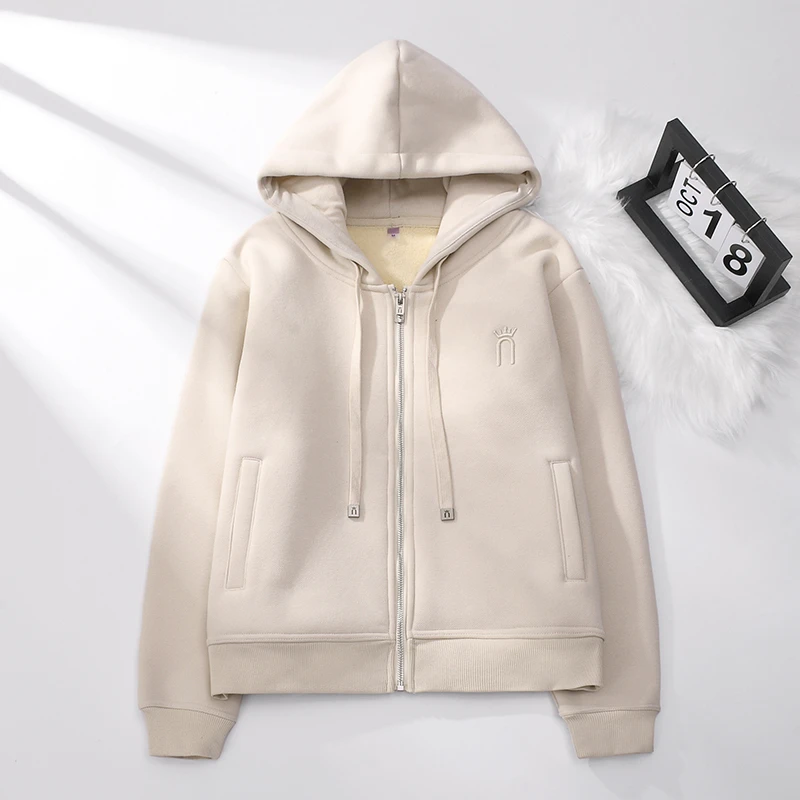 高端卫衣女冬季加厚保暖宽松连帽休闲款运动外套杏色加绒拉链开衫