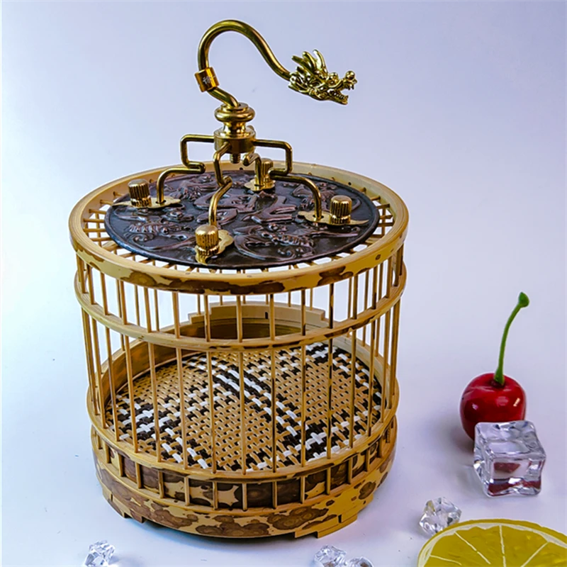 A14#宠物家养斑竹全竹紫铜盖板蝈蝈笼子龙头钩顶部福字款送竹垫布