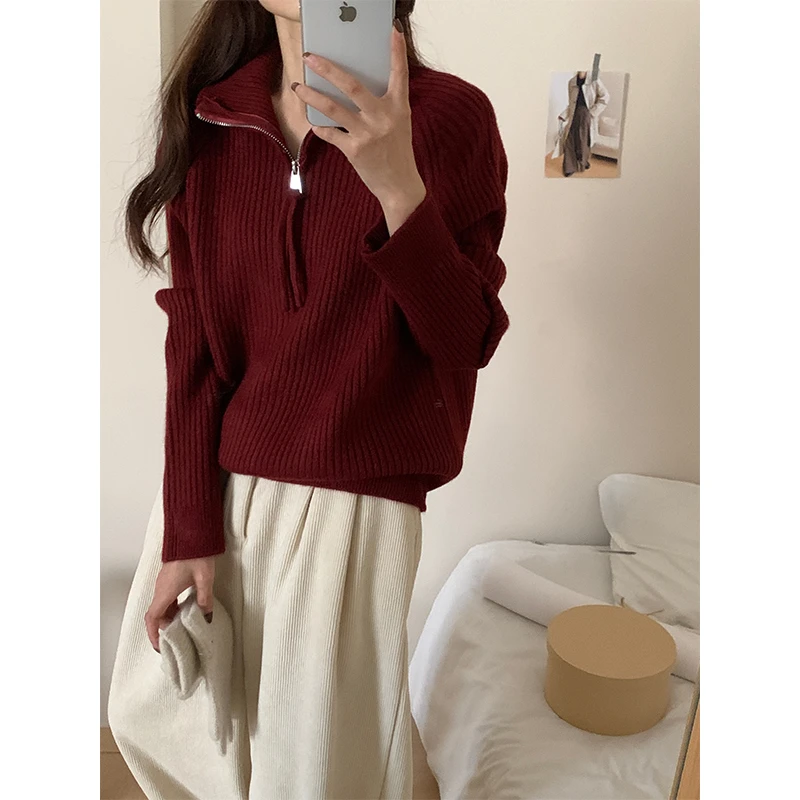 慵懒风宽松气质半拉链翻领毛衣女潮