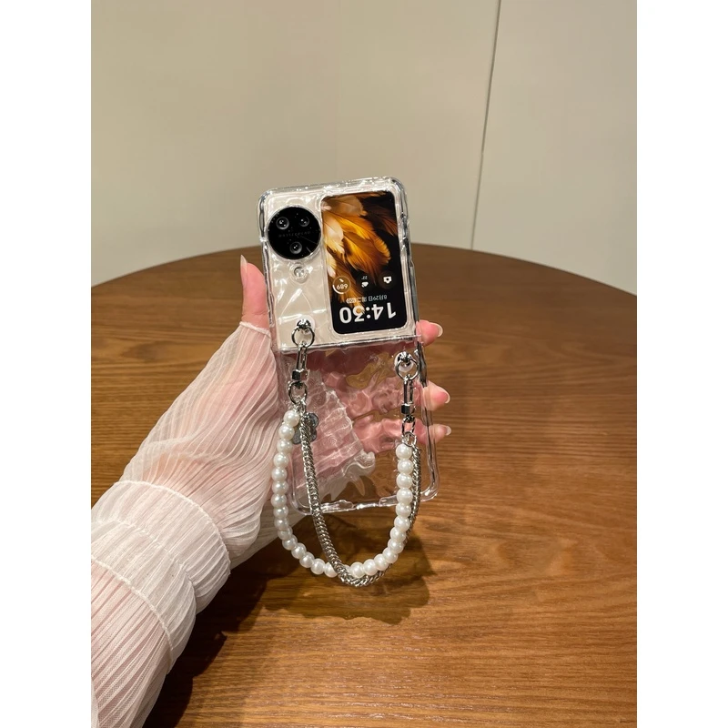 适用oppofindn3flip折叠屏手机壳新款个性透明不发黄海浪纹手提挂