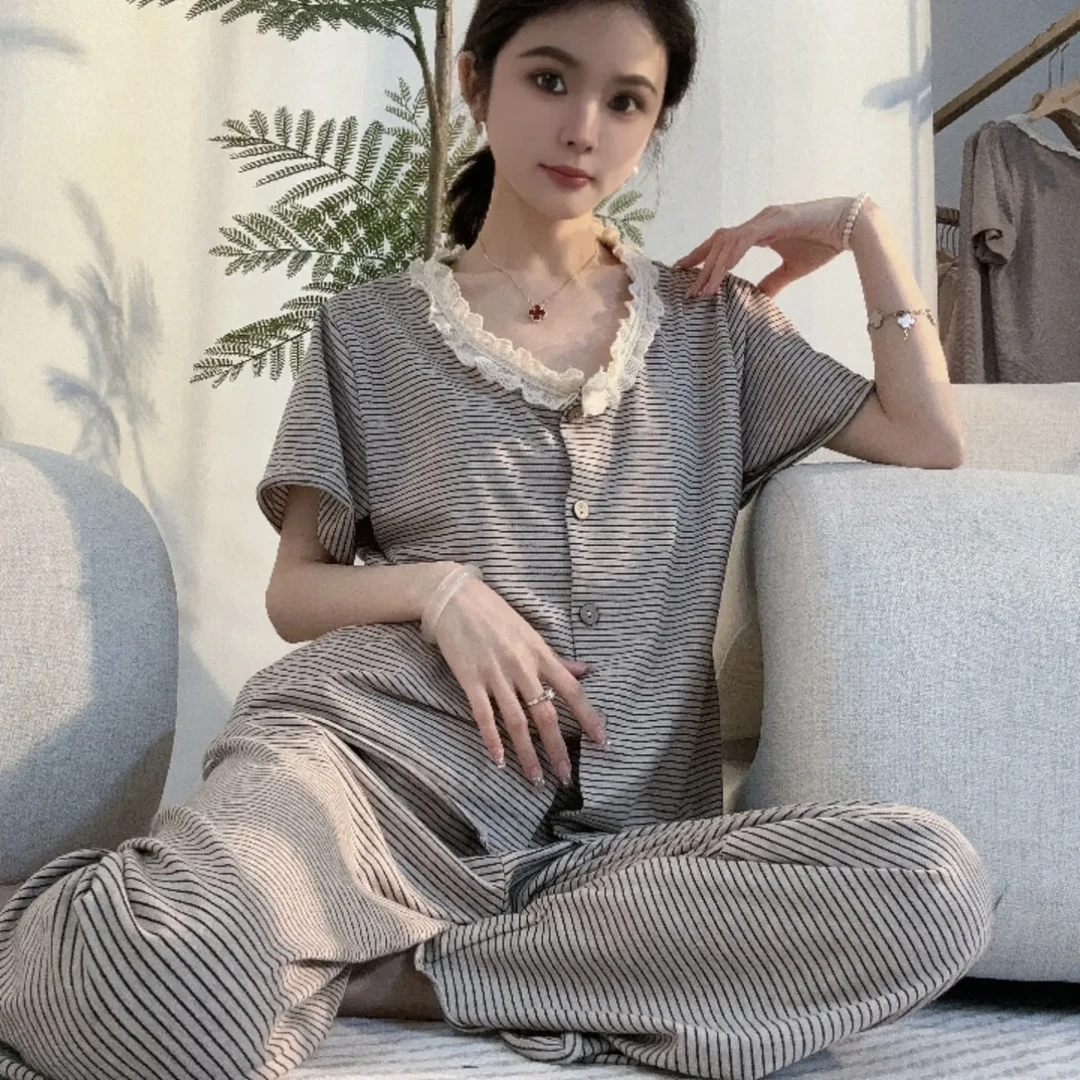 维尼曼 温香软玉花朵圆领细条纹春夏新款女短袖长裤睡衣家居服