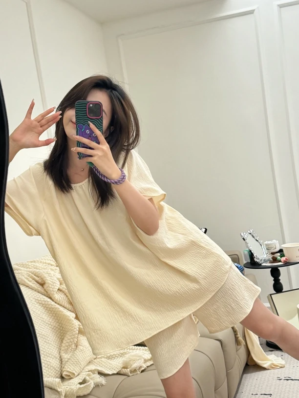 VINEEMAN【慵懒周末】甜美奶油简约圆领睡衣女夏季家居服套装宽松