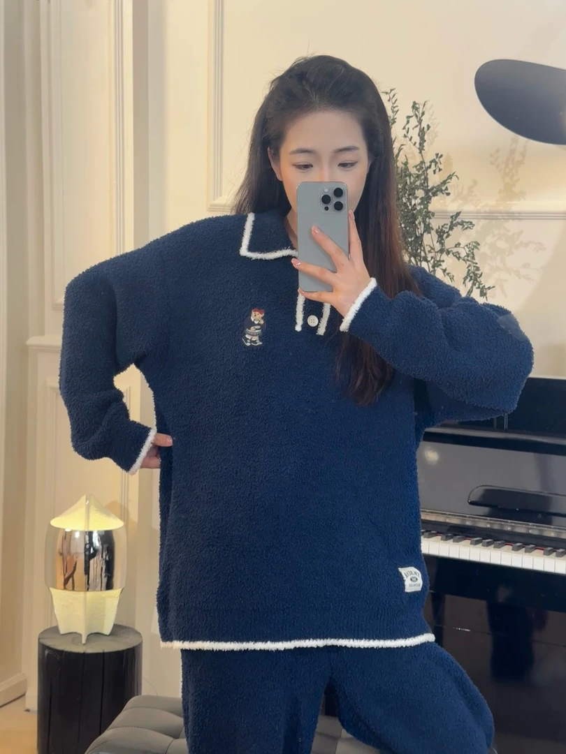 VINEEMAN【萌萌小熊】小熊睡衣女士款秋冬季加绒加厚保暖家居服套装