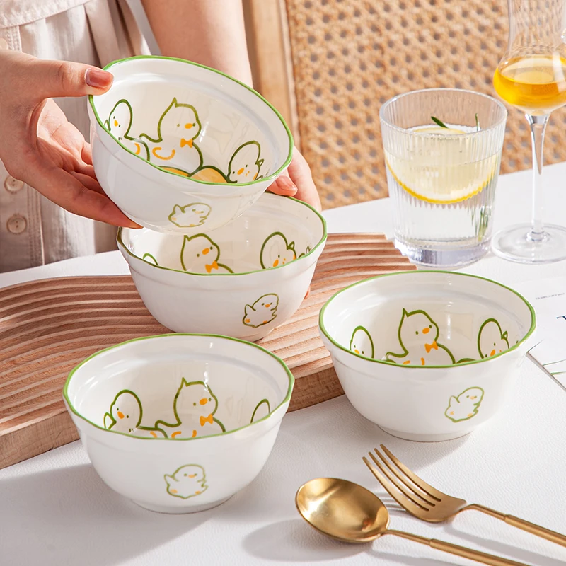郁金香自在鸭米饭碗*4个网红款高颜值可爱陶瓷吃饭碗家用餐具碗具