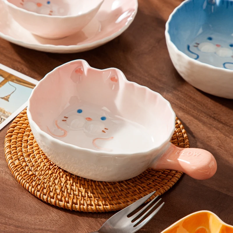 嘟嘟猫带手柄碗大号陶瓷烘焙芝士焗饭烤碗家用高颜值可爱釉下彩
