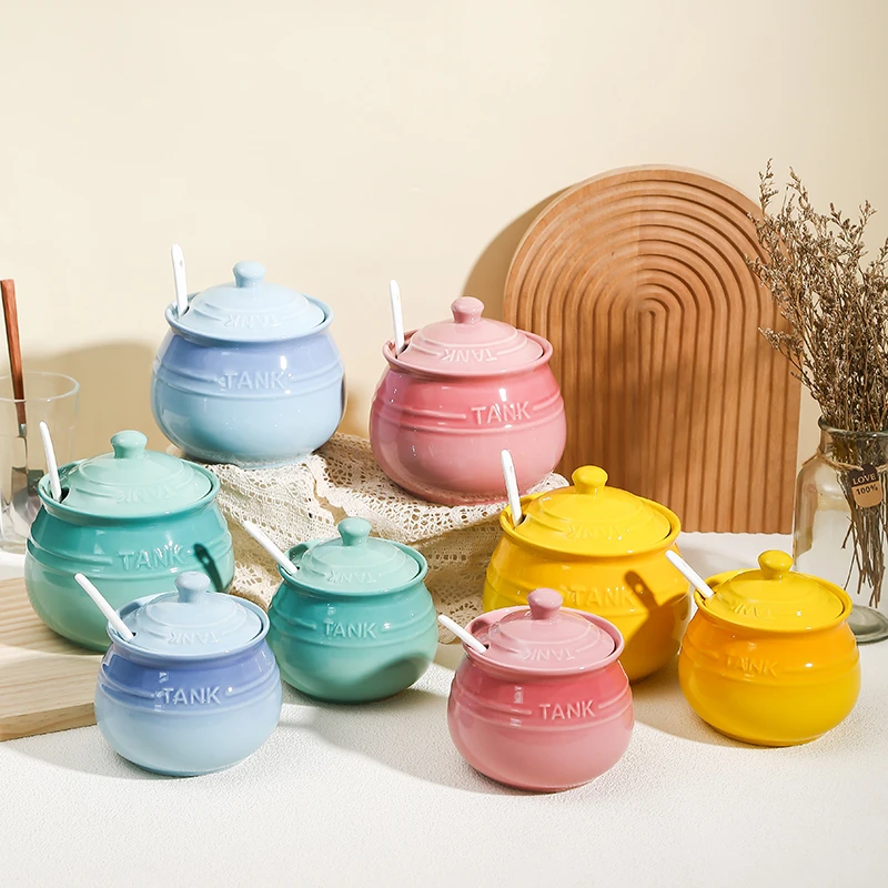 多彩高颜值猪油罐家用带盖带勺陶瓷渐变色辣椒油专用罐子大容量