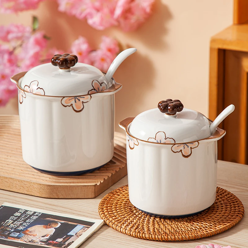 樱花高颜值大号猪油罐家用陶瓷带盖带勺辣椒油专用调味罐子大容量