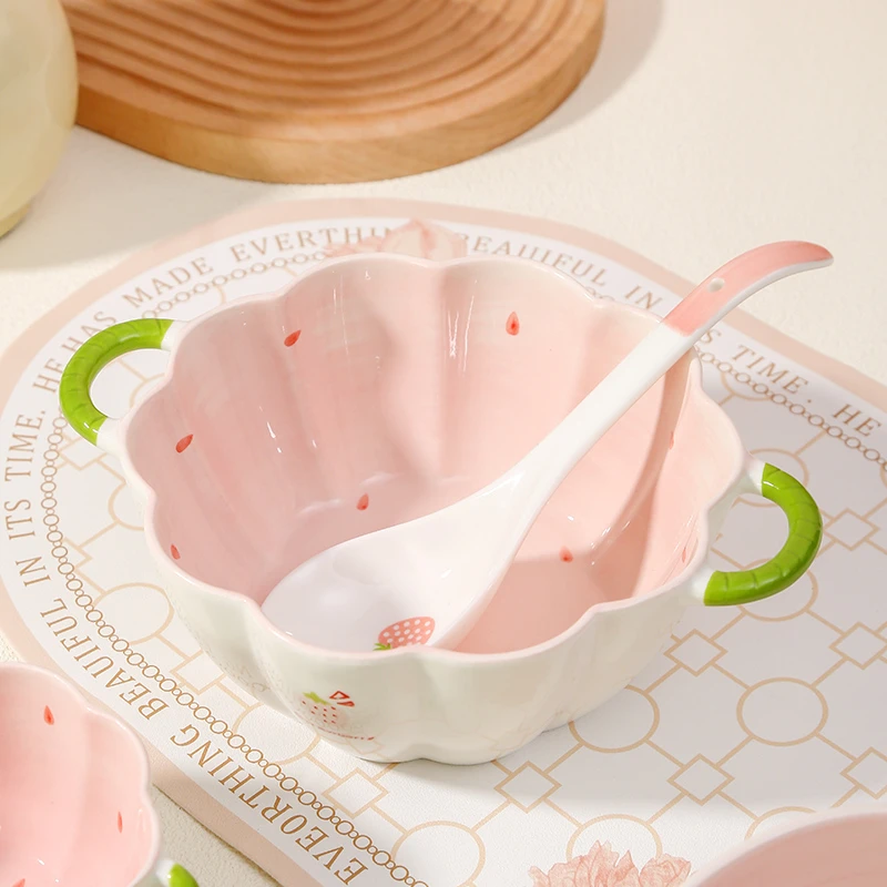 草莓双耳大号南瓜汤碗+勺子大容量汤面碗酸菜鱼水煮鱼碗家用粉色