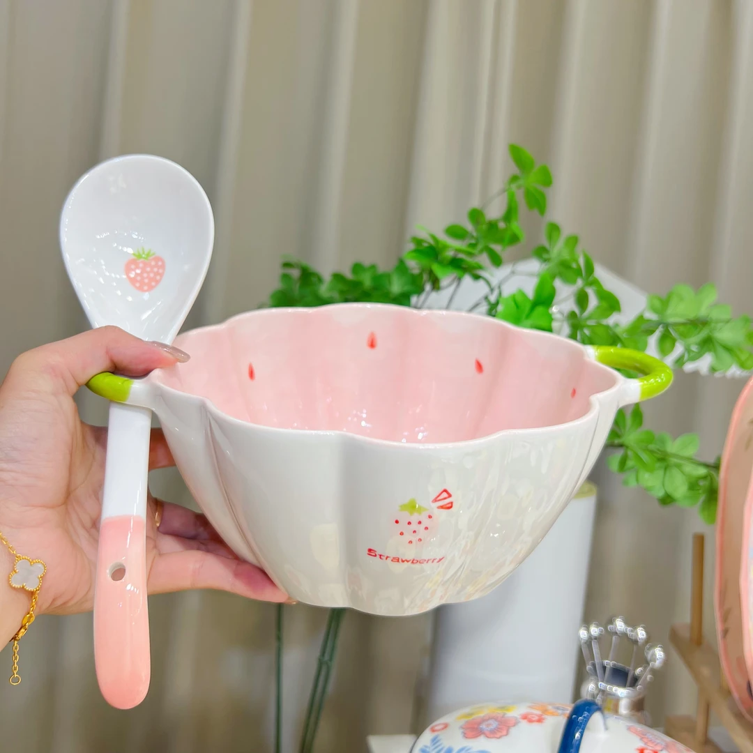 草莓双耳大号南瓜汤碗+勺大容量汤碗酸菜鱼水煮鱼碗家用2025新款