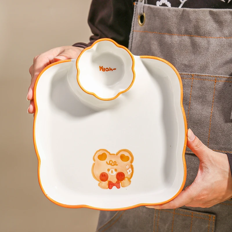 萌宠卡通菜盘陶瓷饺子盘带醋碟家用分格餐盘水饺专用盘寿司盘网红