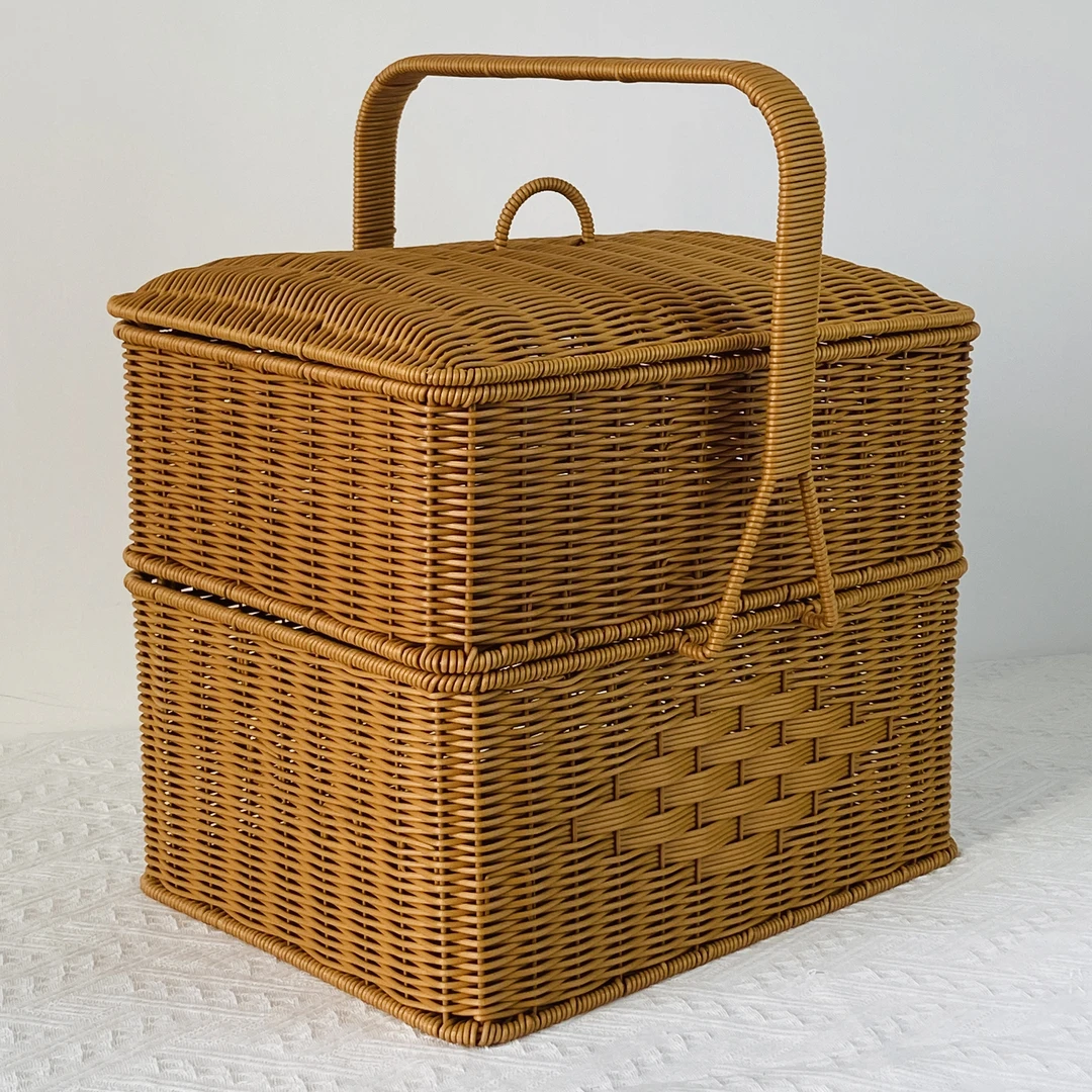 户外复古客厅篮子收纳筐大容量家用简约手工长方形藤编轻奢储物