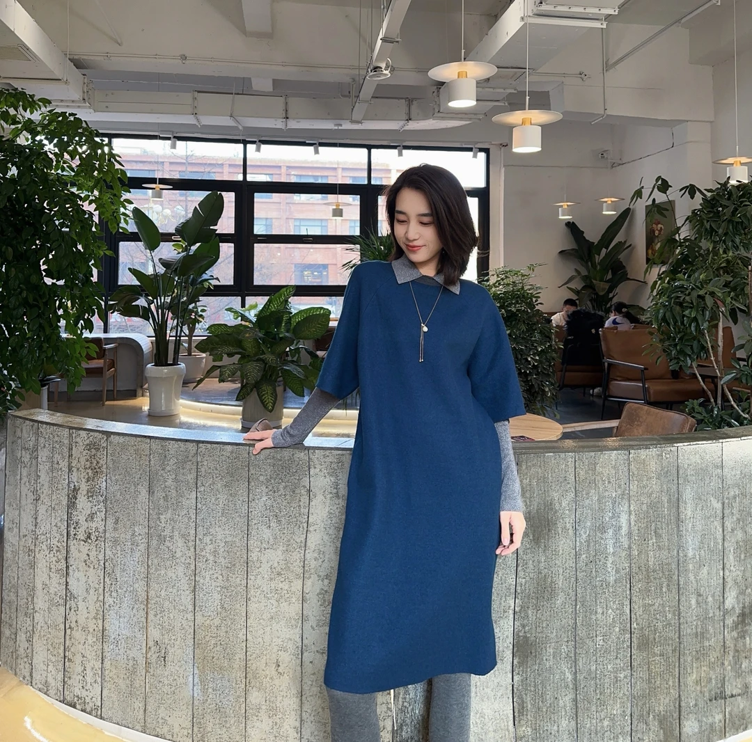 阿玛施AMASS热力感时尚绵羊毛质感圆领短袖纯色连衣中裙女5500520