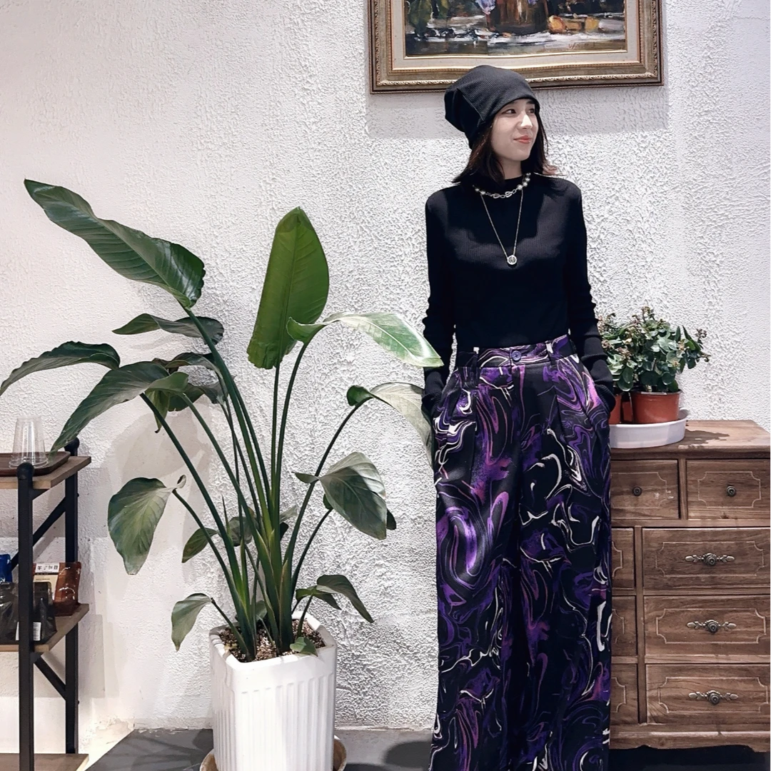 AMASS/阿玛施休闲慵懒率性度假风印花宽腿直筒垂感长裤   5100561