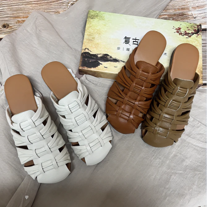 寻程女鞋2024初夏新款上新手工复古真皮一字凉鞋包头款舒适百搭鞋