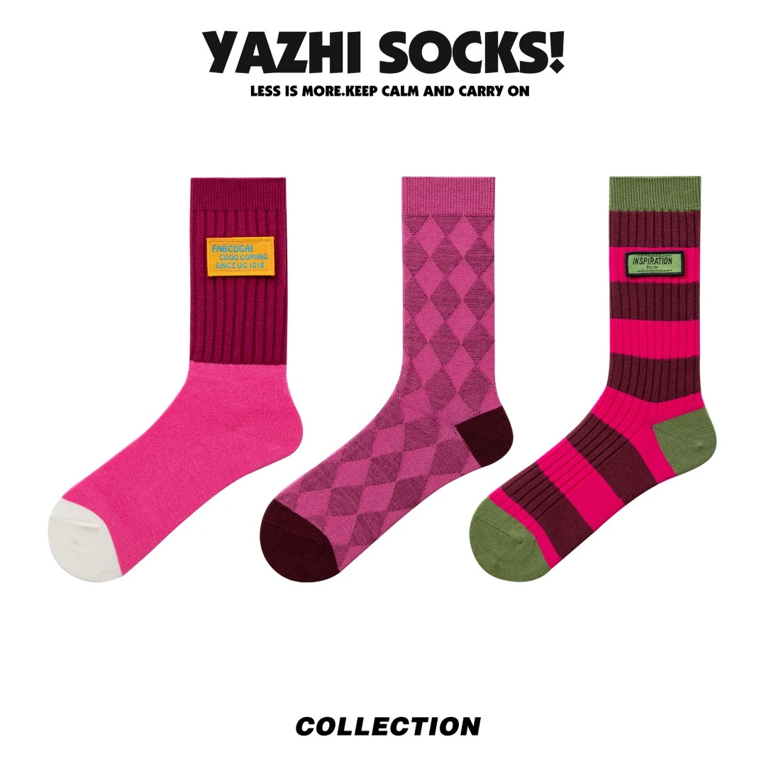 【K瑜伽专属】三双装潮袜女袜中筒棉袜女双针拼接条女袜菱形格