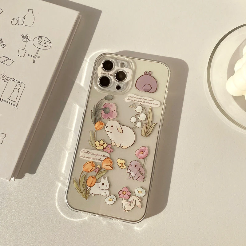 创意花朵兔苹果13ProMax手机壳iPhone15plus磨砂11防摔12透明/14