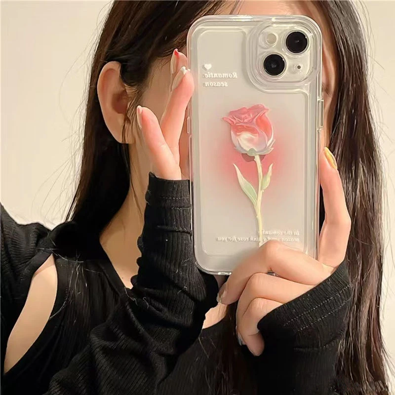 网红苹果iPhone15手机壳日韩粉玫瑰13pro透明12/11防摔全包保/14