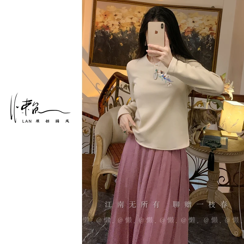 懒·江南「云闲喜鹊」冬的定制～手工刺绣双面德绒发热柔暖打底衣