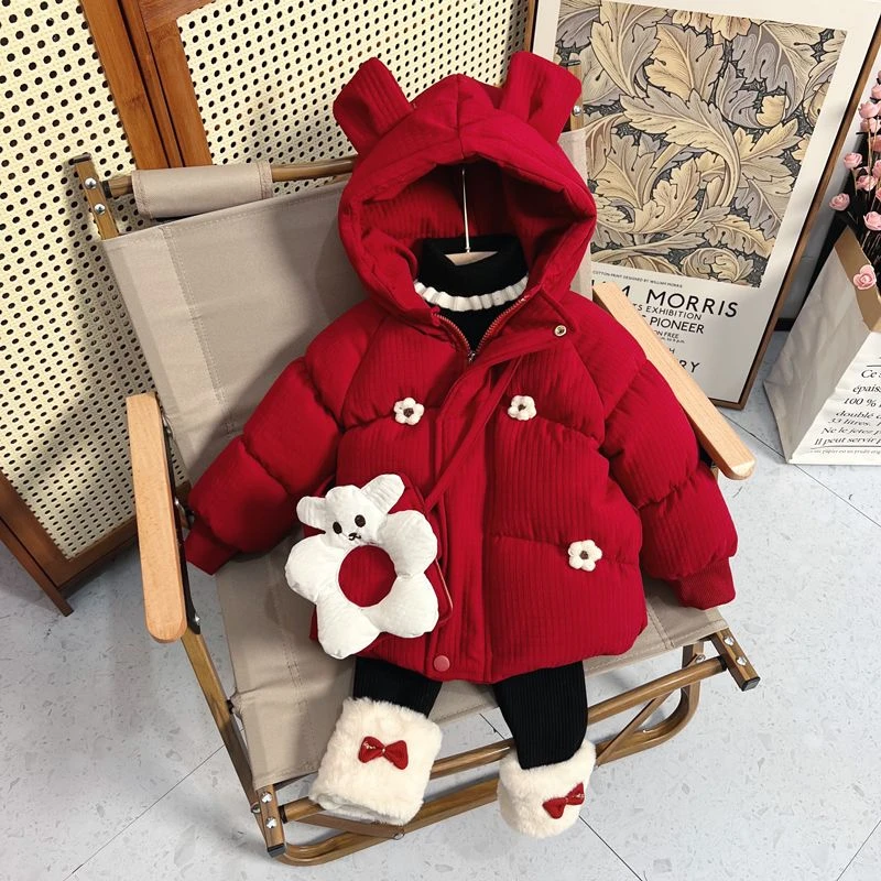 女童冬季棉服加绒加厚女宝宝冬装2023新款棉衣红色小童棉袄外套冬