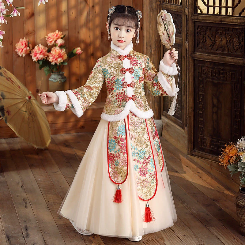 女童汉服古装拜年服加厚儿童唐装中国风古装襦裙女孩古风连衣裙冬