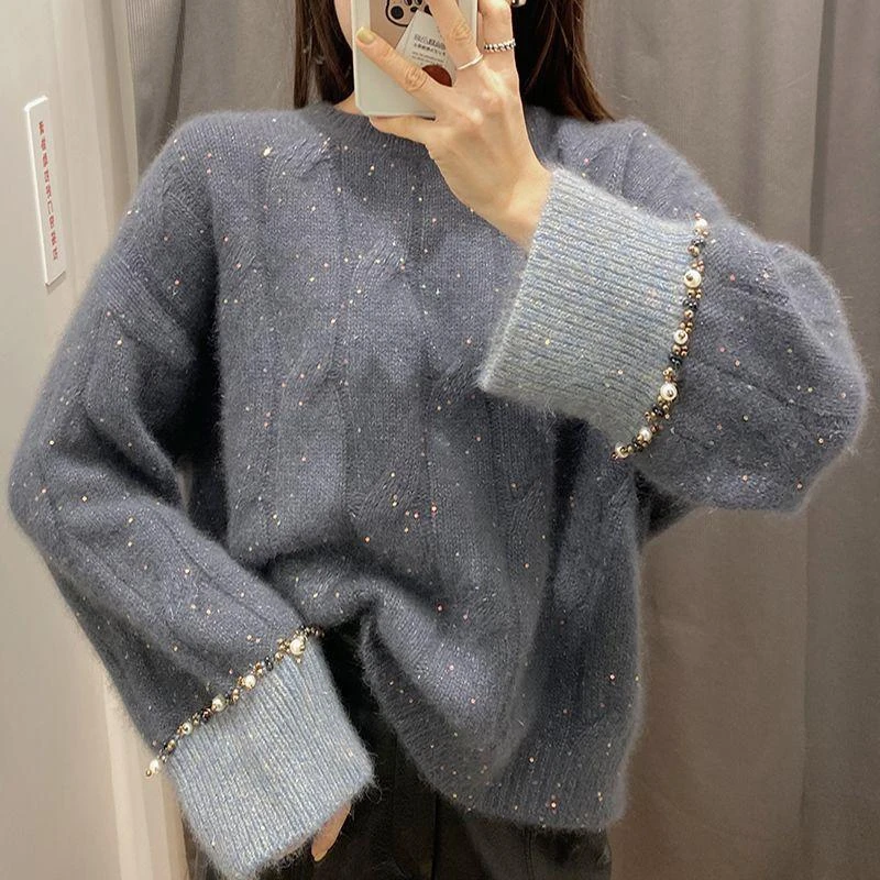 2023秋冬新款洋气外套女春秋毛衣女宽松外穿慵懒风加厚套头针织衫