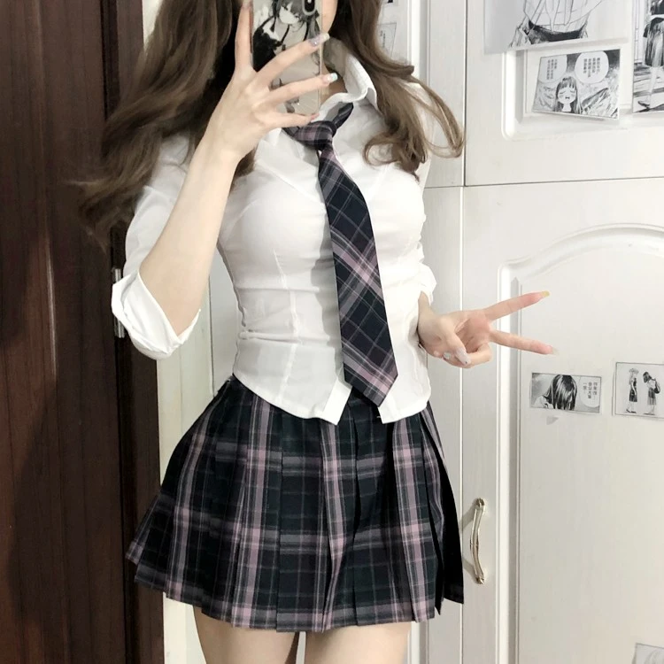 【V领衬衫】jk制服纯欲收腰短袖JK衬衫长袖上衣辣妹白色V领衬衣