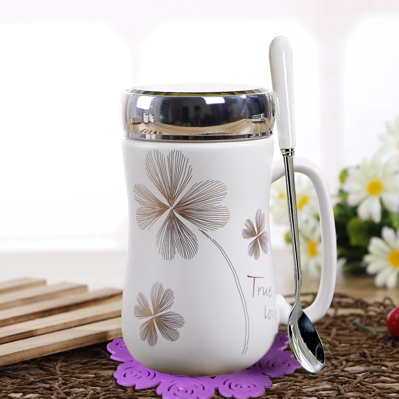 陶瓷杯子创意家用茶杯带盖勺简约办公室大容量喝水杯情侣杯马克杯