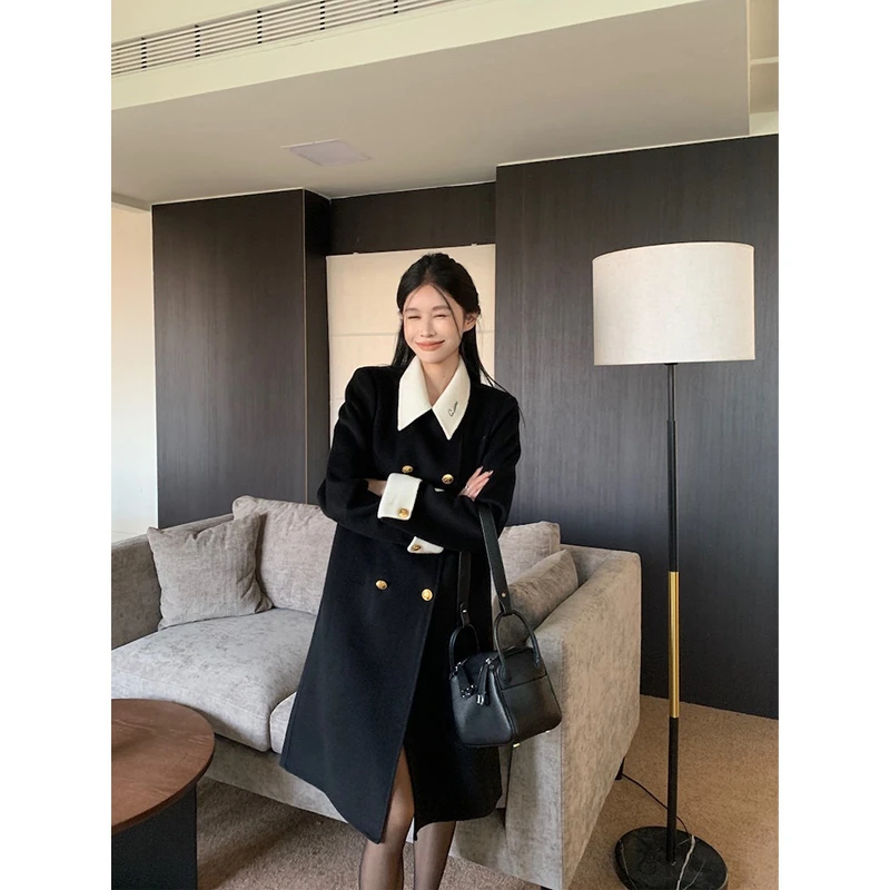 小香风刺绣翻领加厚毛呢外套女秋冬感宽松中长款撞色呢子大衣