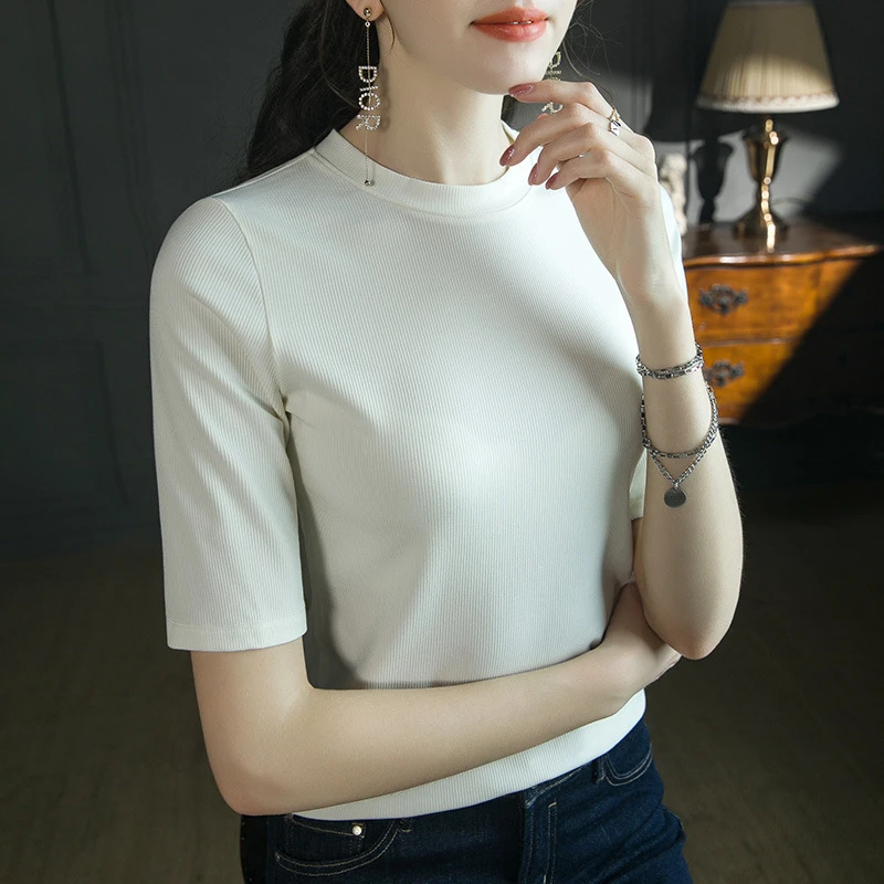 春夏T恤女中袖小圆领半袖宽松薄款短袖内搭打底上衣修身显瘦大码