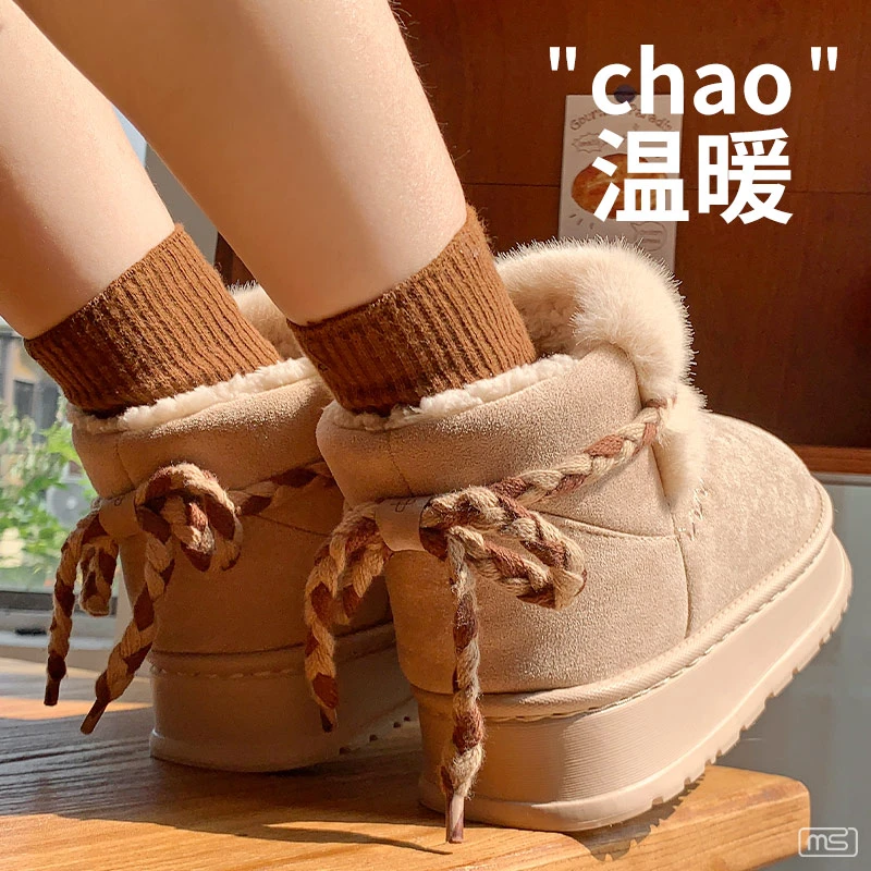 冬季新款加绒保暖反系蝴蝶结绑带厚底棉靴雪地鞋纯色时尚软底女鞋