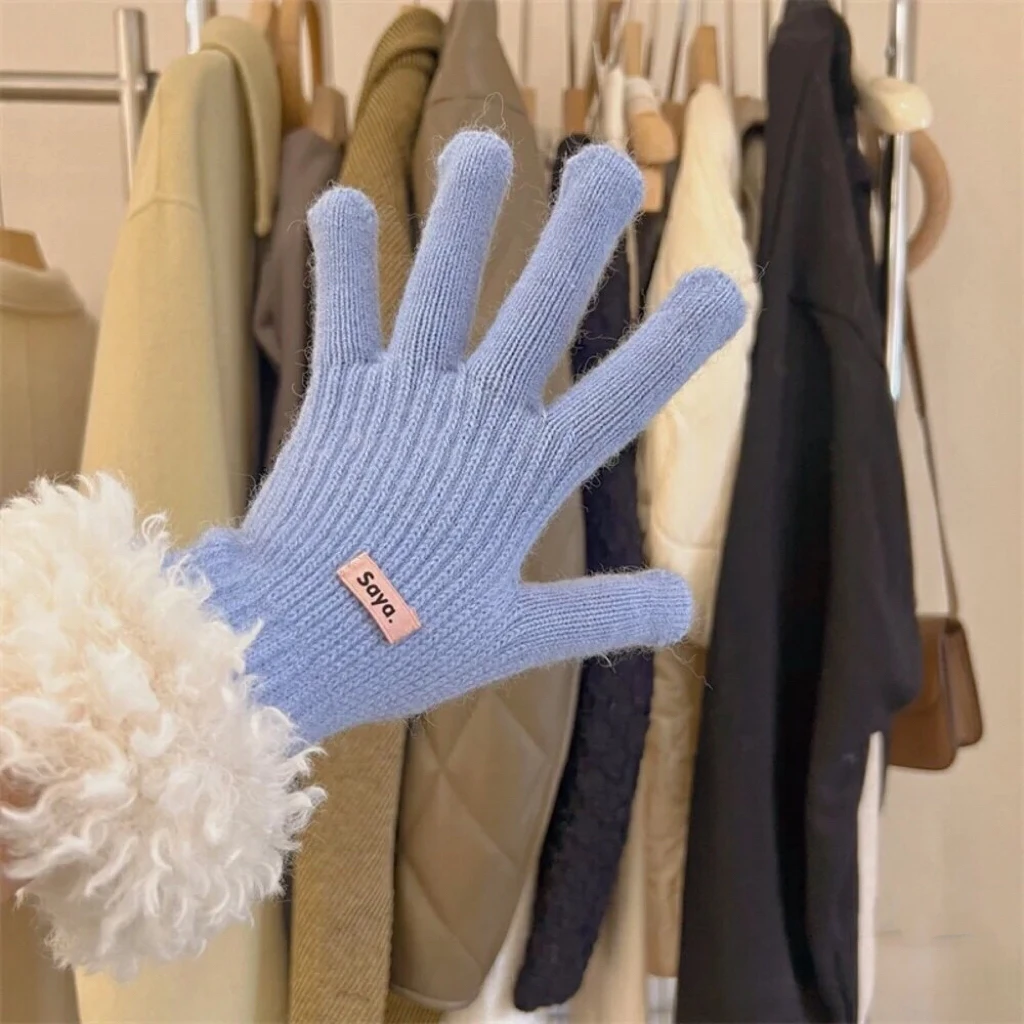 小清新网红ins雾霾蓝手套天空蓝毛毛边手套女保暖针织露指手套