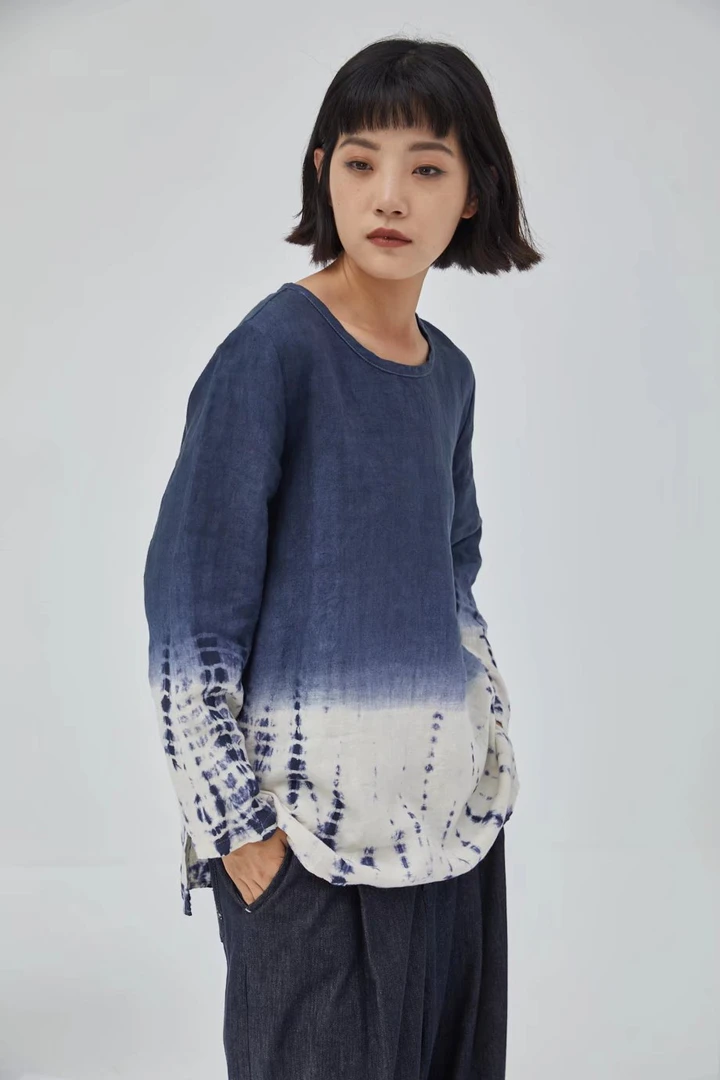 秋冬新款上衣手工扎染套头亚麻衫