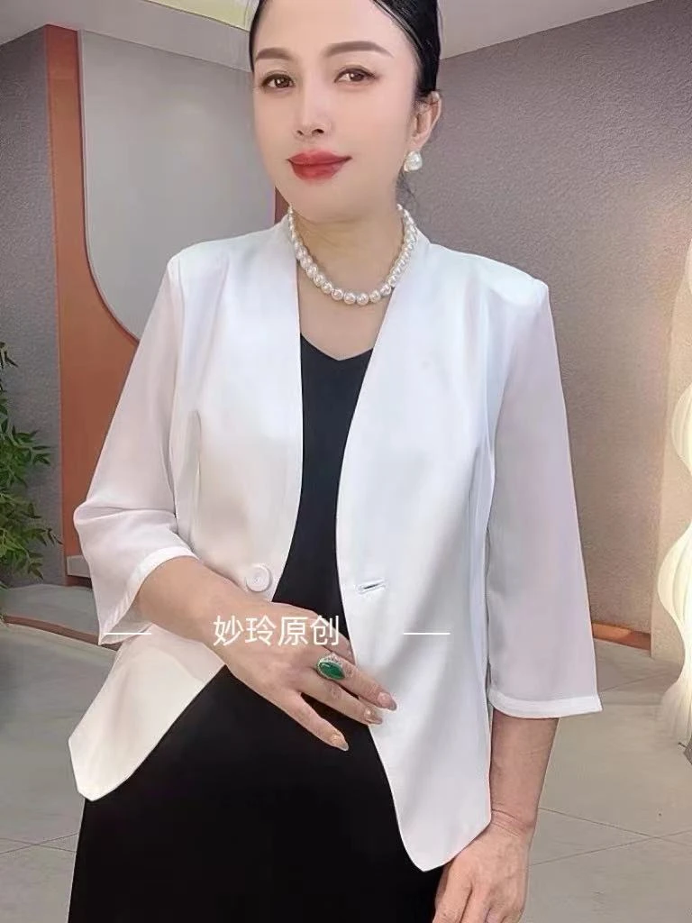 防晒/空调衫缎面拼接中袖冰感麻显瘦小西服夏季薄款韩版小西装