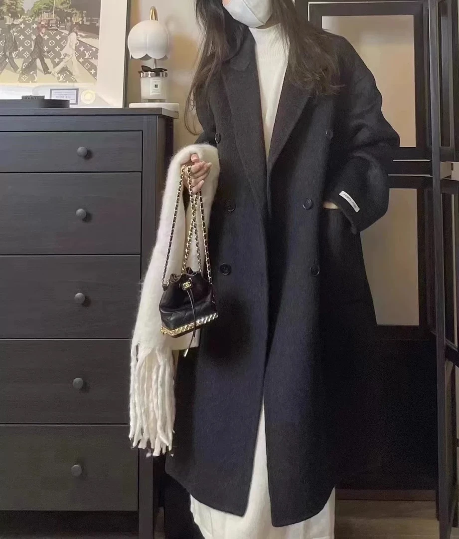 西装领高级感气质宽松冬季长款双面呢大衣
