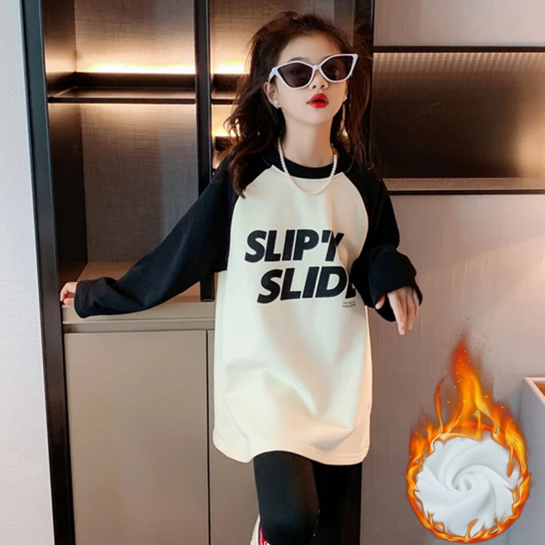 巴拉拉吧女童打底衫2023秋冬新款儿童加绒长袖上衣中大童T恤中长