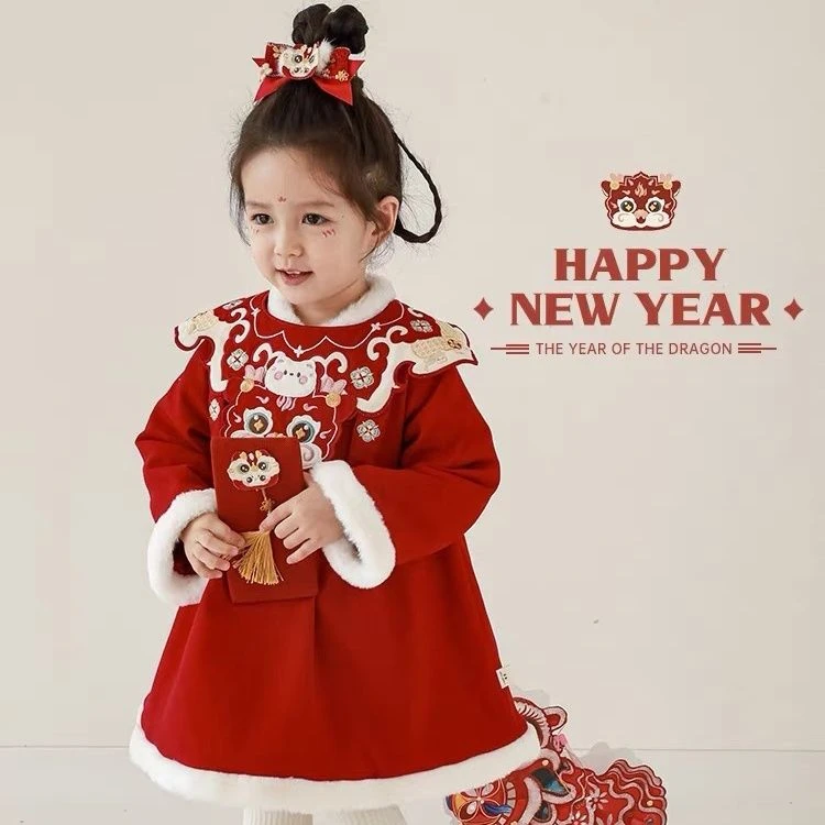 巴拉拉吧汉服女童唐装冬季加绒儿童加厚新款新年中国冬装保暖古装