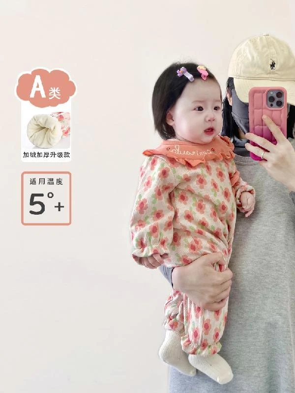 巴拉拉吧婴儿秋冬衣服甜美花朵连体衣宝宝加绒棉衣冬季加厚哈衣保