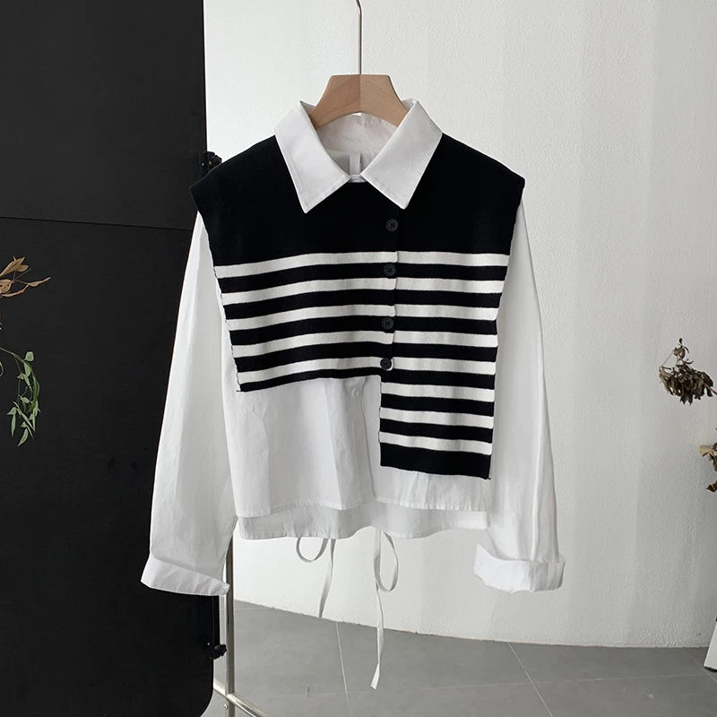 2025春季新款韩版百搭宽松翻领长袖单排扣纯色衬衫配条纹披肩