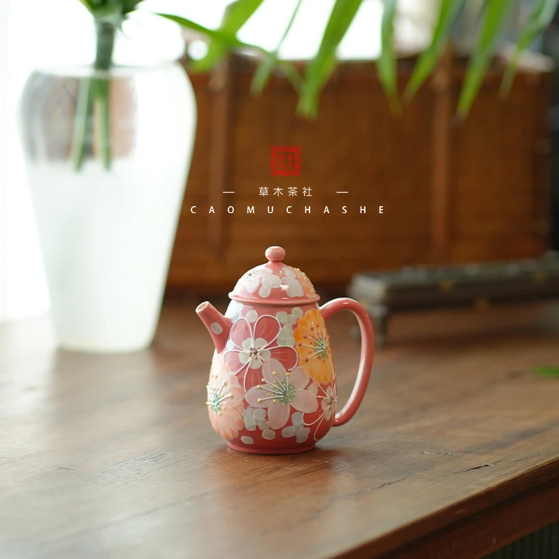 草木茶社 景德镇珐华彩花漾壶 纯手工手绘堆绘泡茶壶 陶瓷壶 粉色