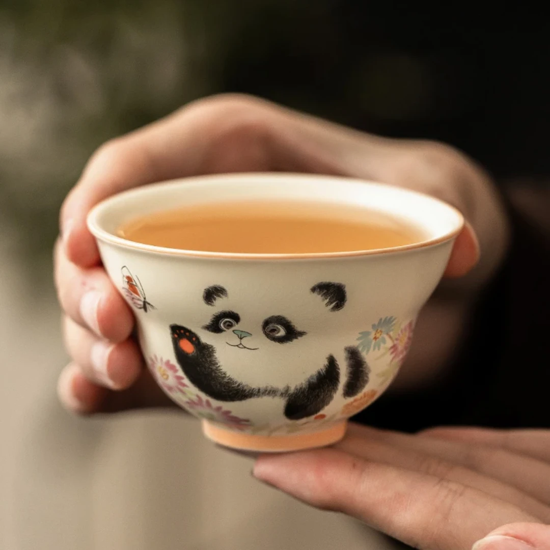 草木茶社 熊猫戏蝶陶瓷葫芦杯
